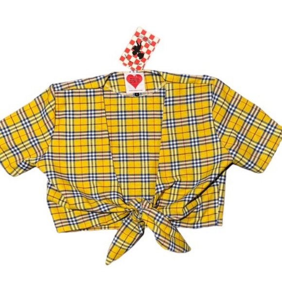 Omighty NWT Yellow Plaid Tie Front Crop Top Mini Skirt Set Size L - Picture 2 of 8